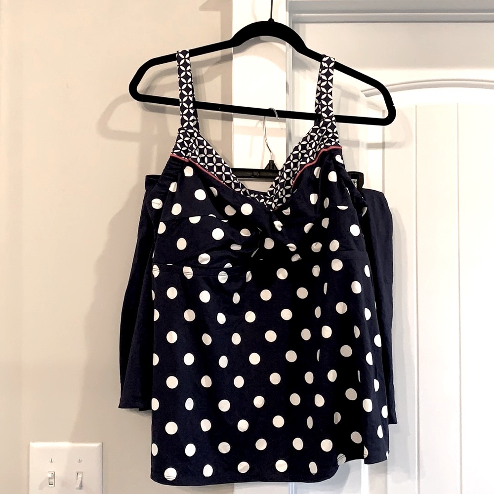 Navy and white swim suit with a swim skirt